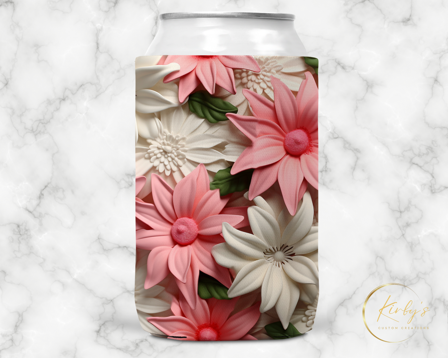 3D Floral Can Holder Pink White Flowers Standard Soft Koozie