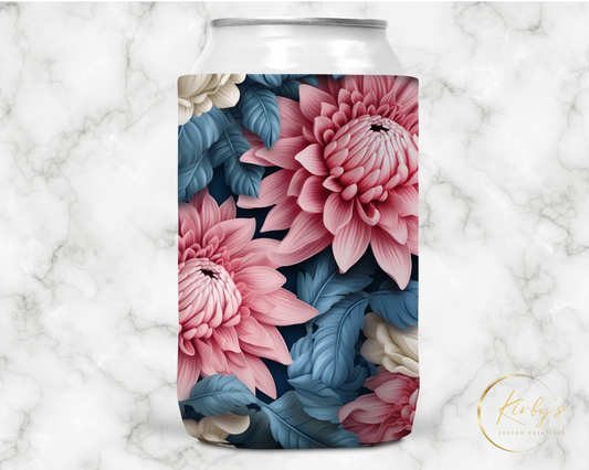 3D Floral Can Holder. Blue and PinkFlowers. Standard Soft Koozie