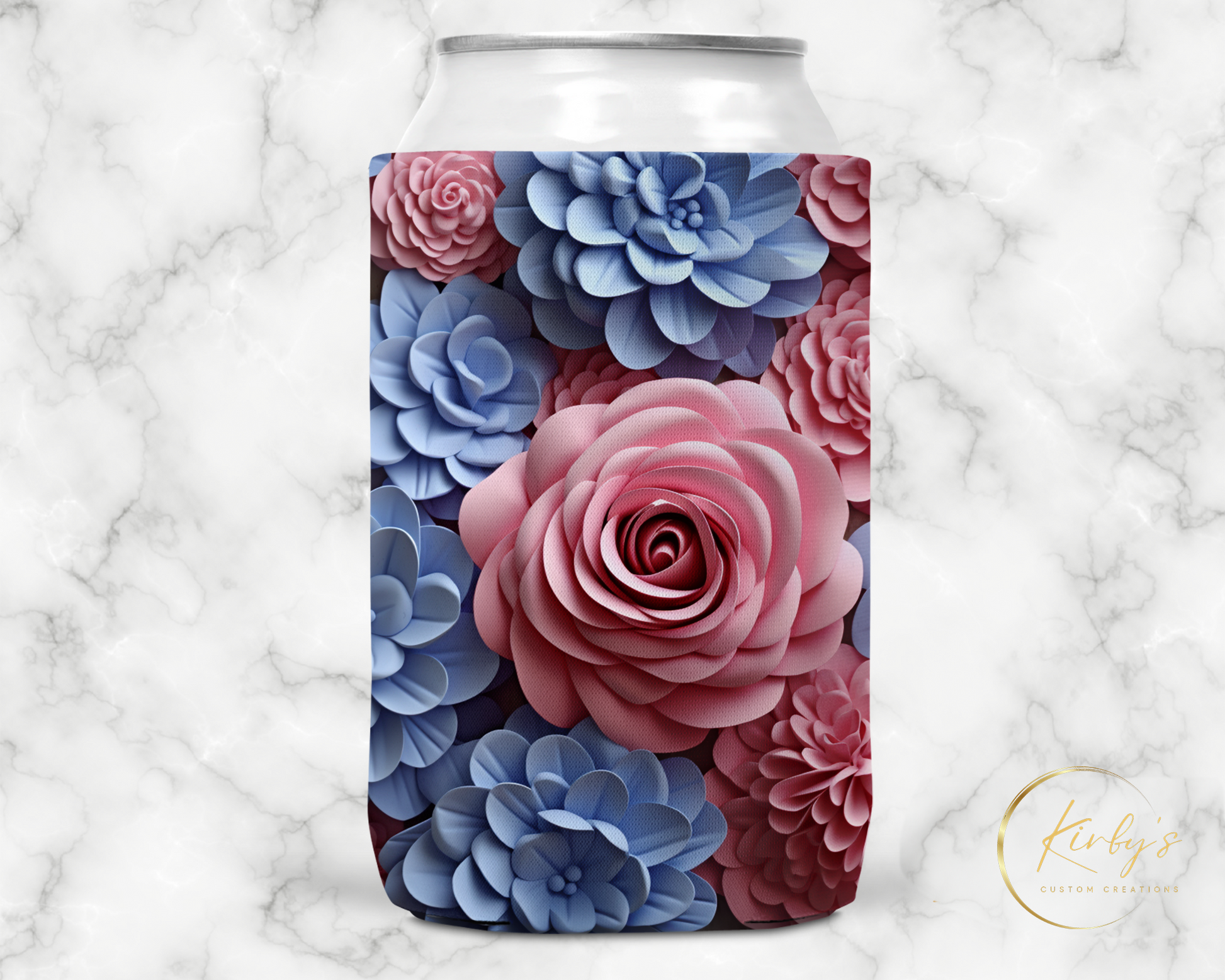 3D Floral Can Holder. Blue and PinkFlowers. Standard Soft Koozie