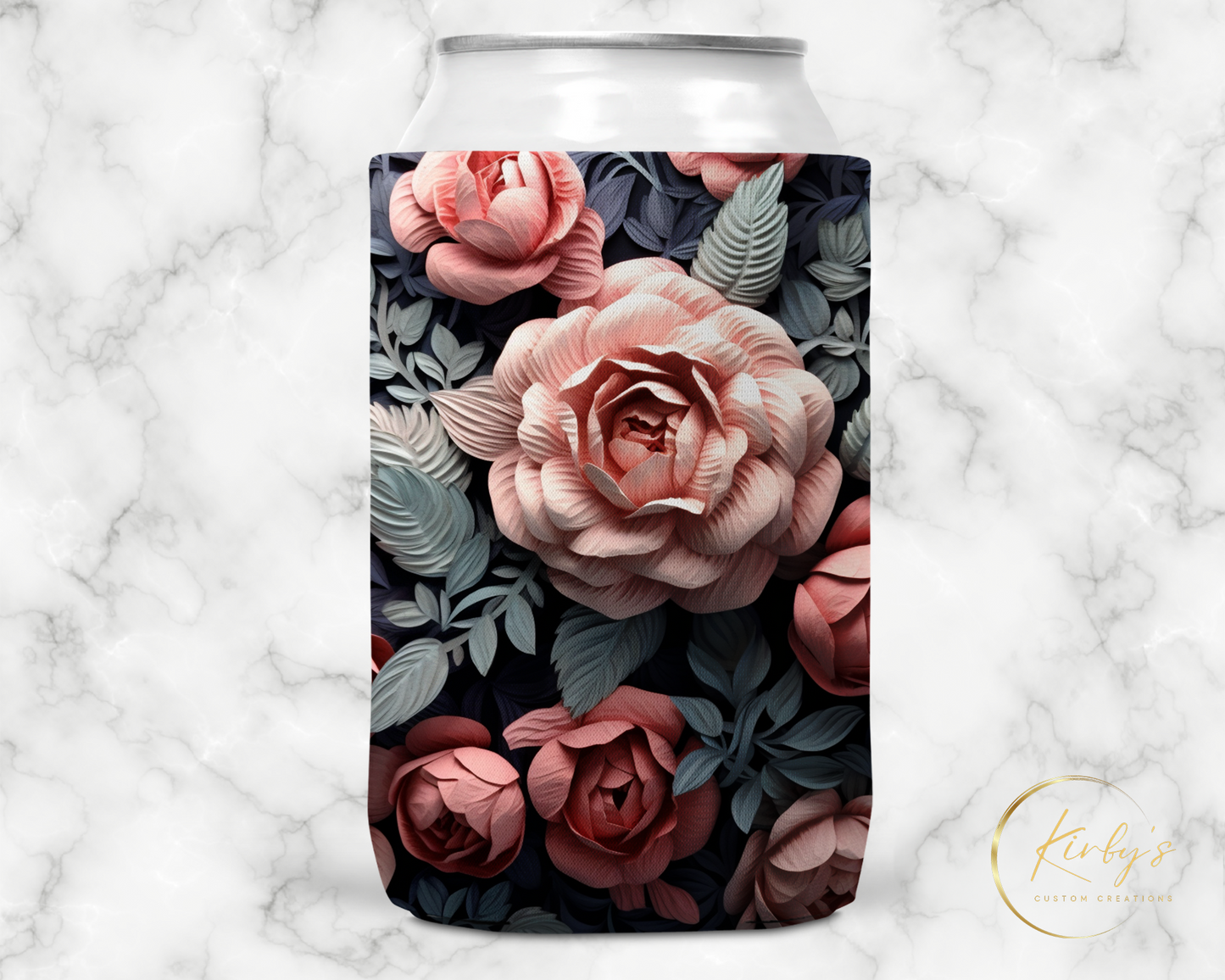 3D Floral Can Holder. Blue and PinkFlowers. Standard Soft Koozie