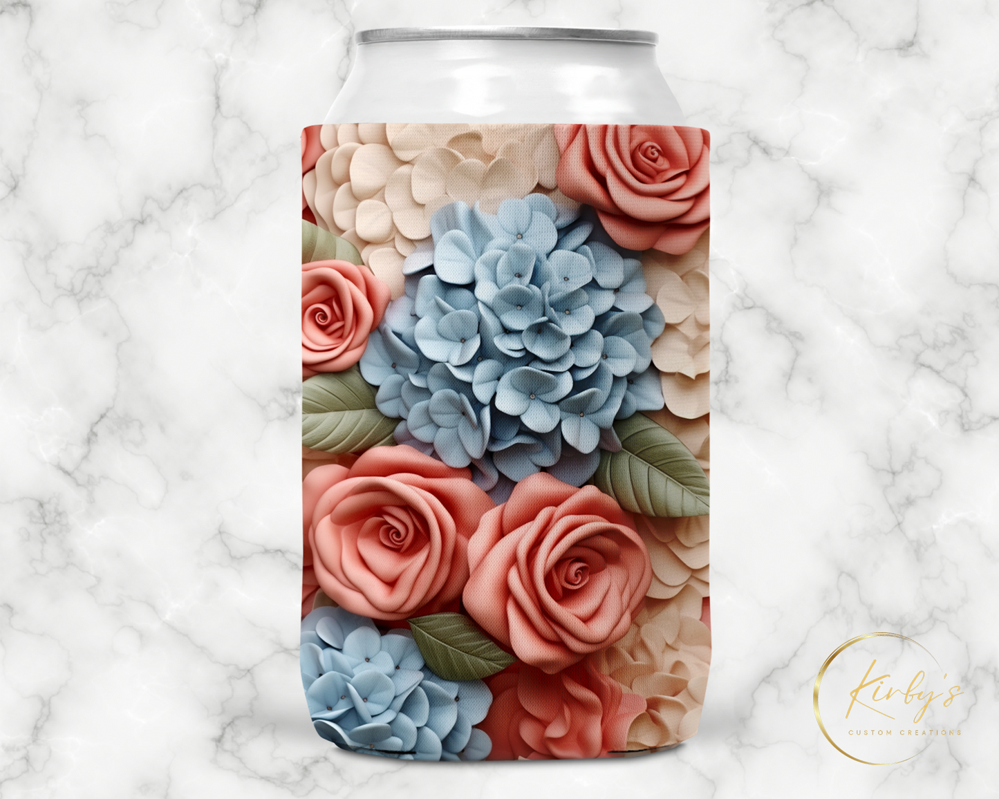 3D Floral Can Holder. Blue and PinkFlowers. Standard Soft Koozie