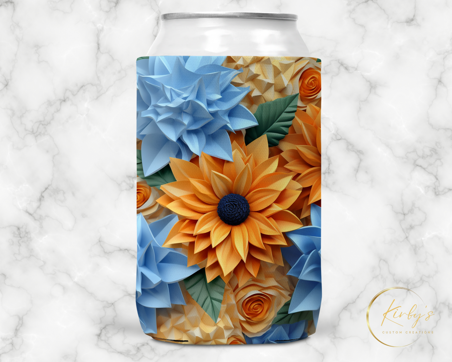 3D Floral Can Holder. Blue and Yellow Flowers. Standard Soft Koozie