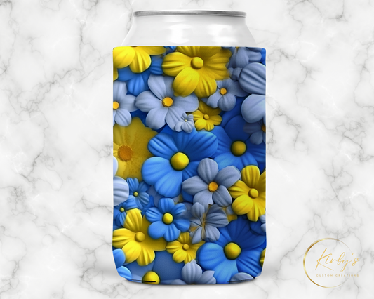 3D Floral Can Holder Blue and Yellow ForgetMeNot. Standard Soft Koozie