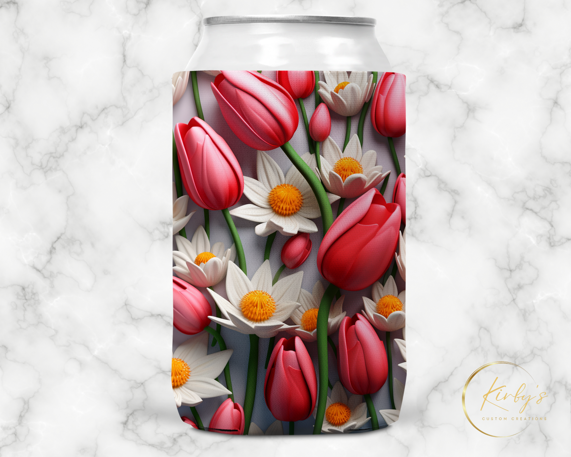 3D Floral Can Holder Pink Tulips White Daisies Standard Soft Koozie