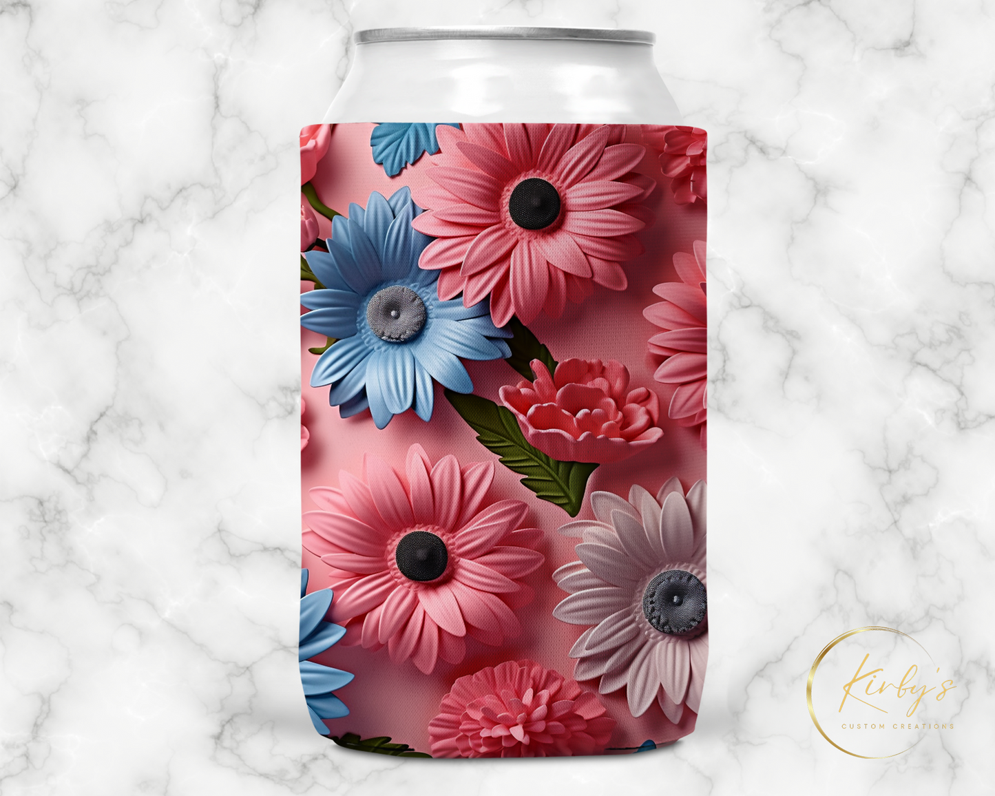 3D Floral Can Holder. Blue and PinkFlowers. Standard Soft Koozie