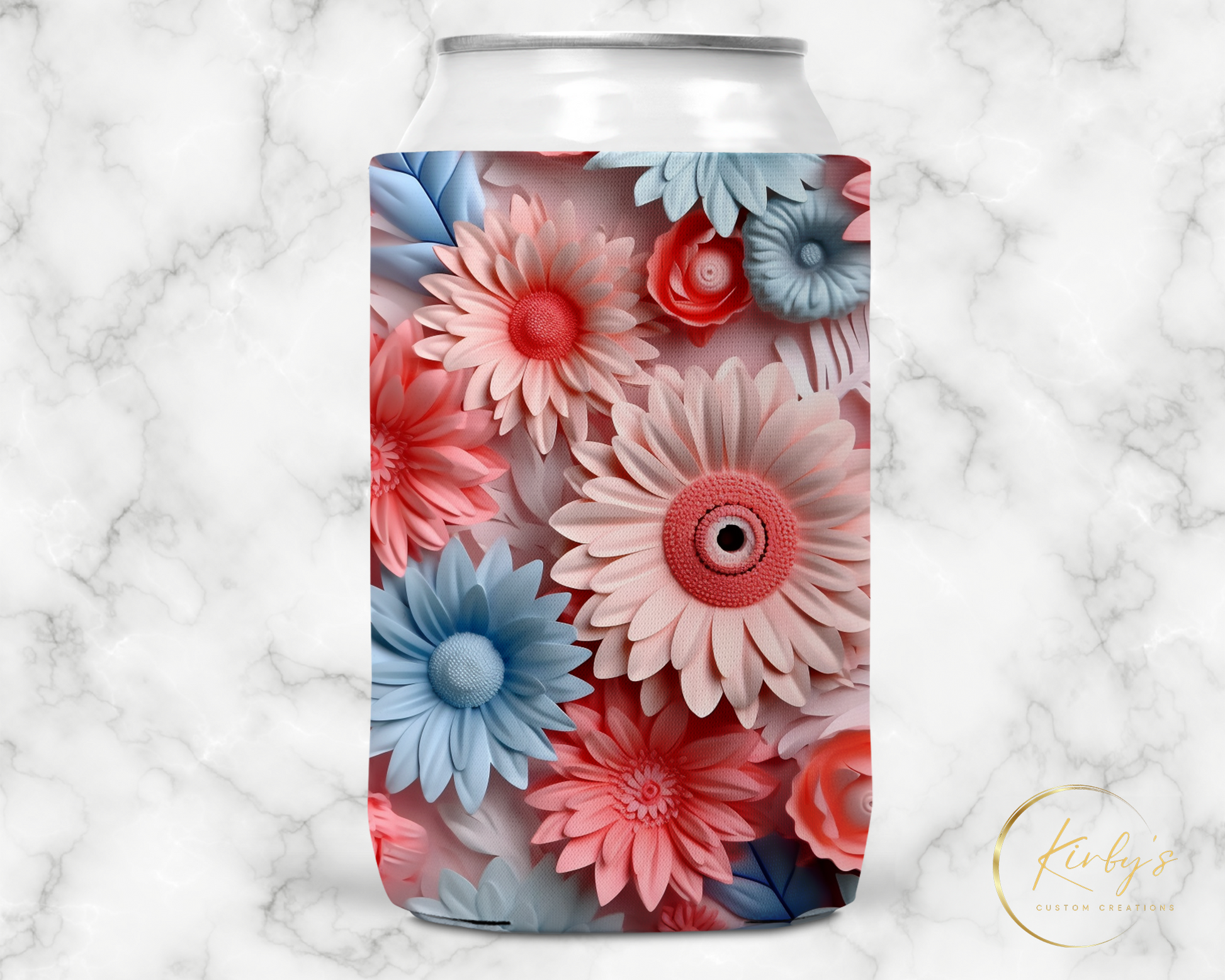 3D Floral Can Holder. Blue and Pink Flowers. Standard Soft Koozie