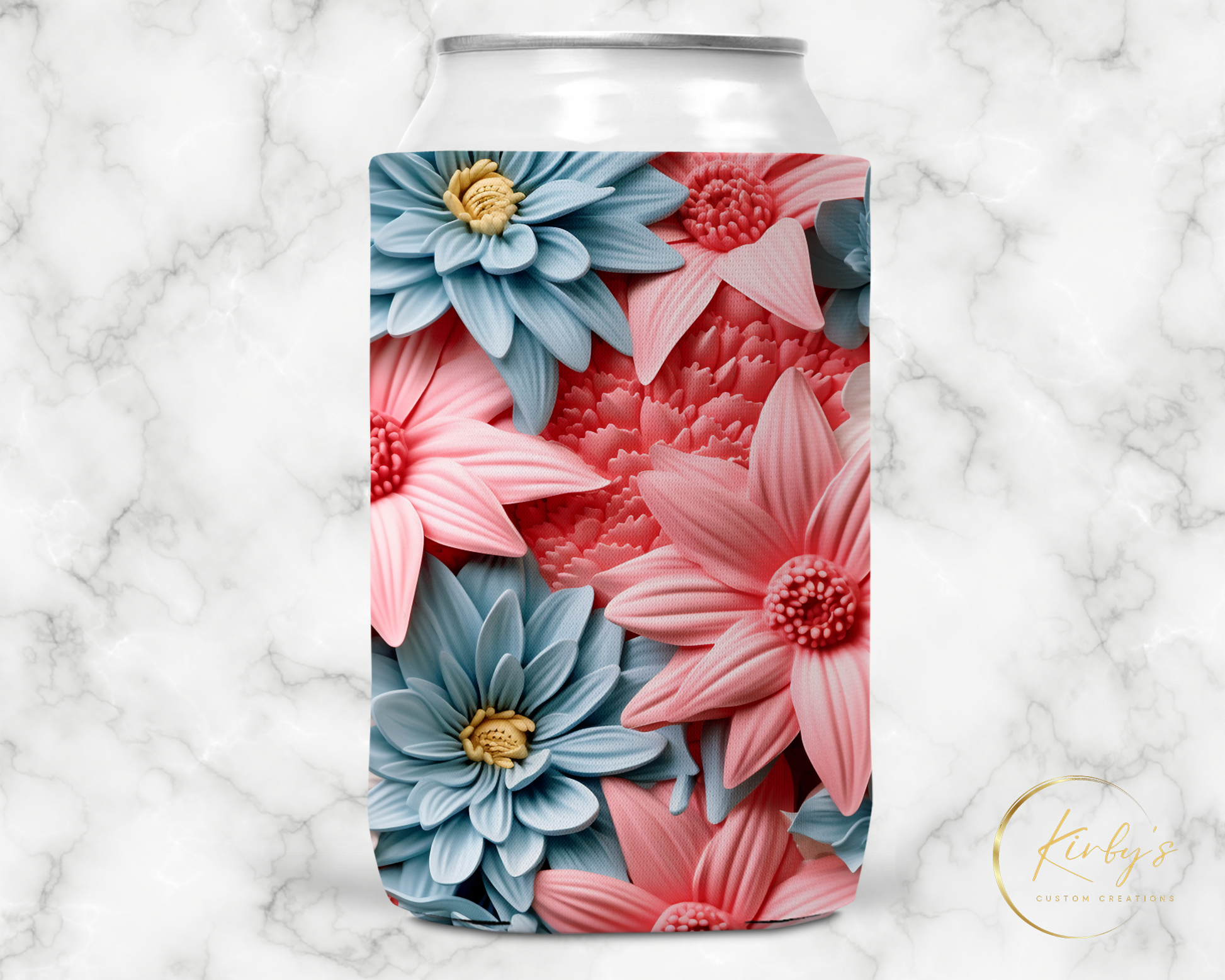 3D Floral Can Holder. Blue and Pink Flowers. Standard Soft Koozie