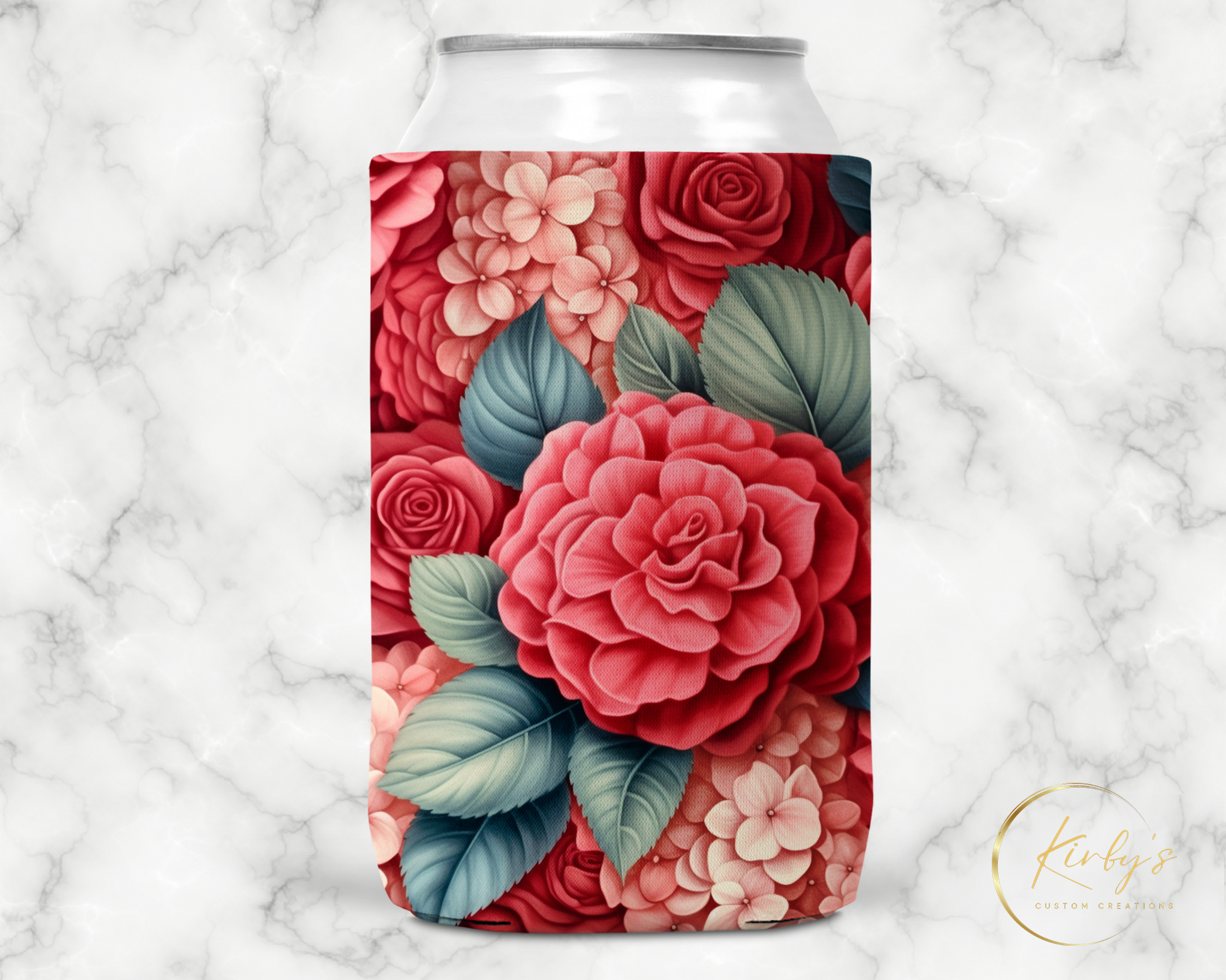 3D Floral Can Holder Pink Red Flowers Standard Soft Koozie