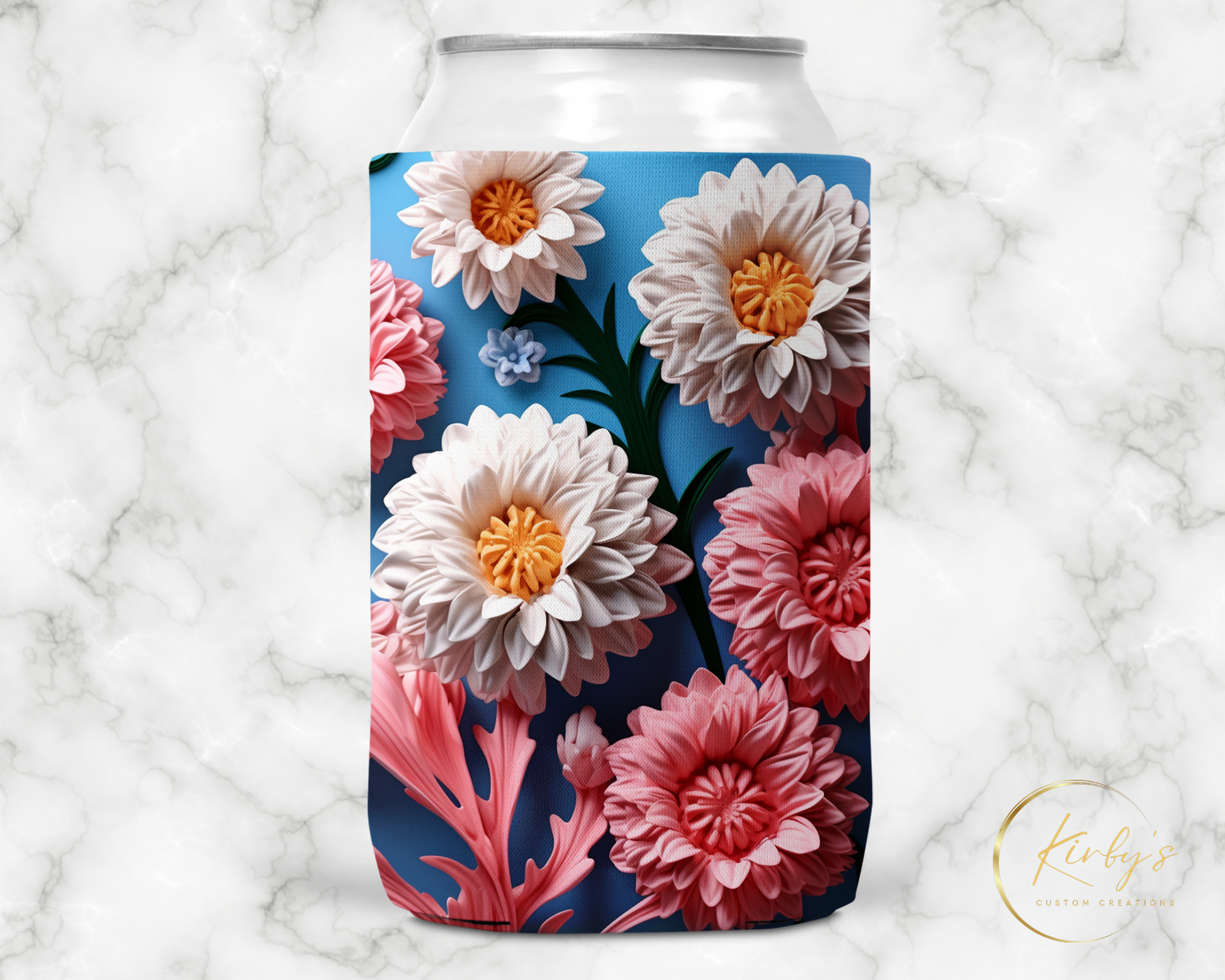 3D Floral Can Holder. Blue and Pink Flowers. Standard Soft Koozie