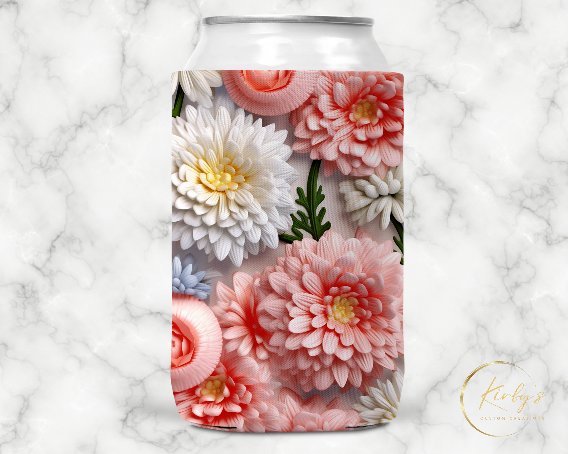 3D Floral Can Holder Pink White Flowers Standard Soft Koozie