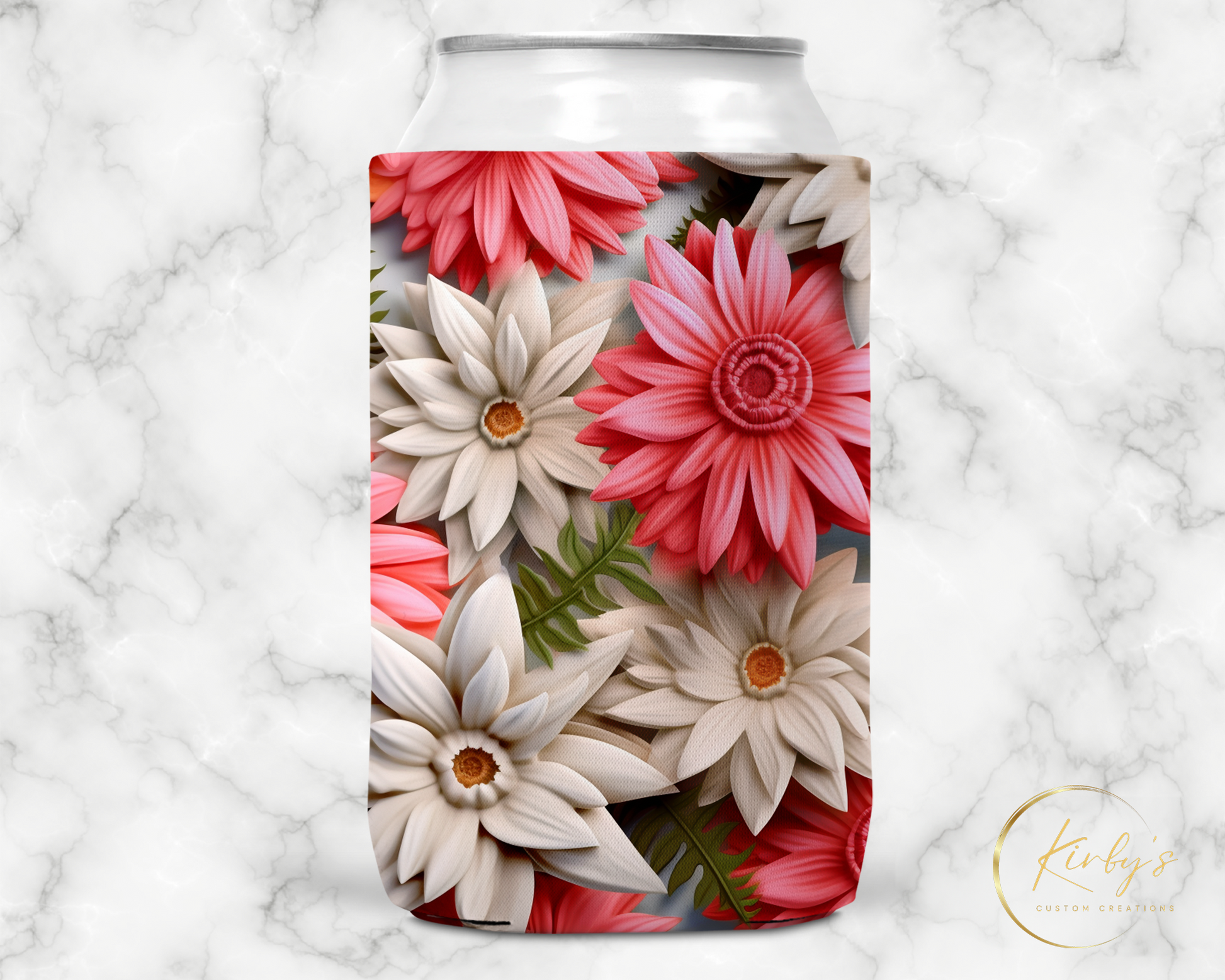 3D Floral Can Holder Pink White Flowers Standard Soft Koozie