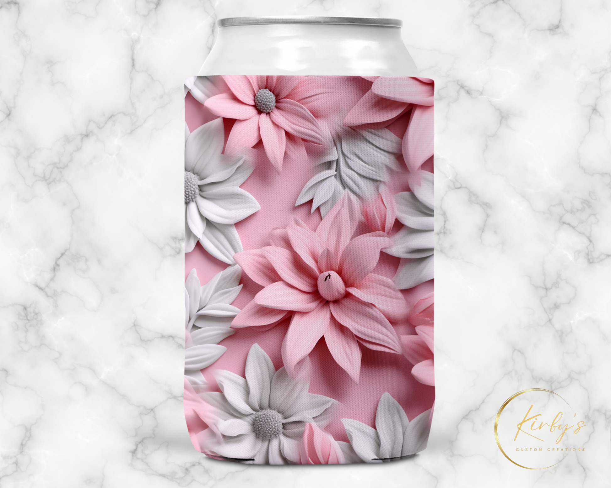 3D Floral Can Holder Pink White Flowers Standard Soft Koozie