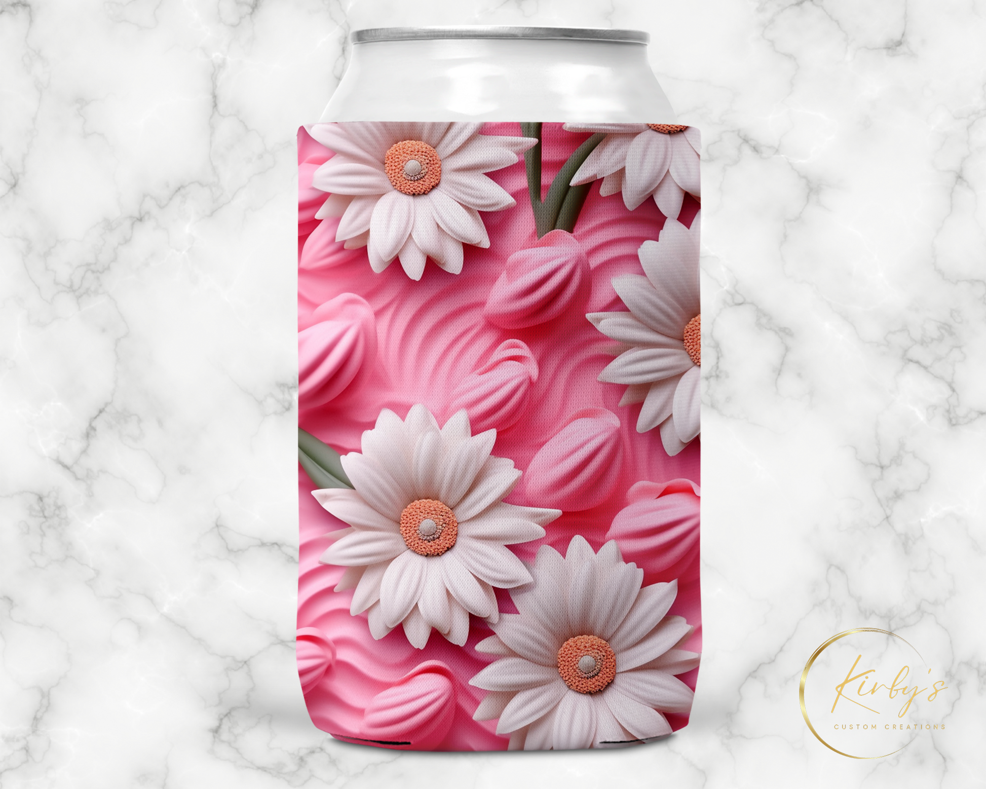 3D Floral Can Holder Pink White Flowers Standard Soft Koozie