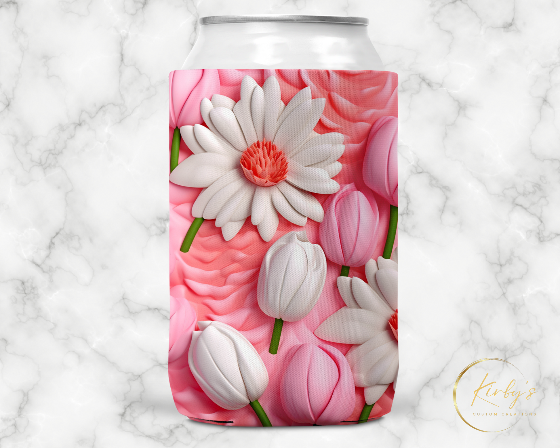 3D Floral Can Holder Pink White Flowers Standard Soft Koozie