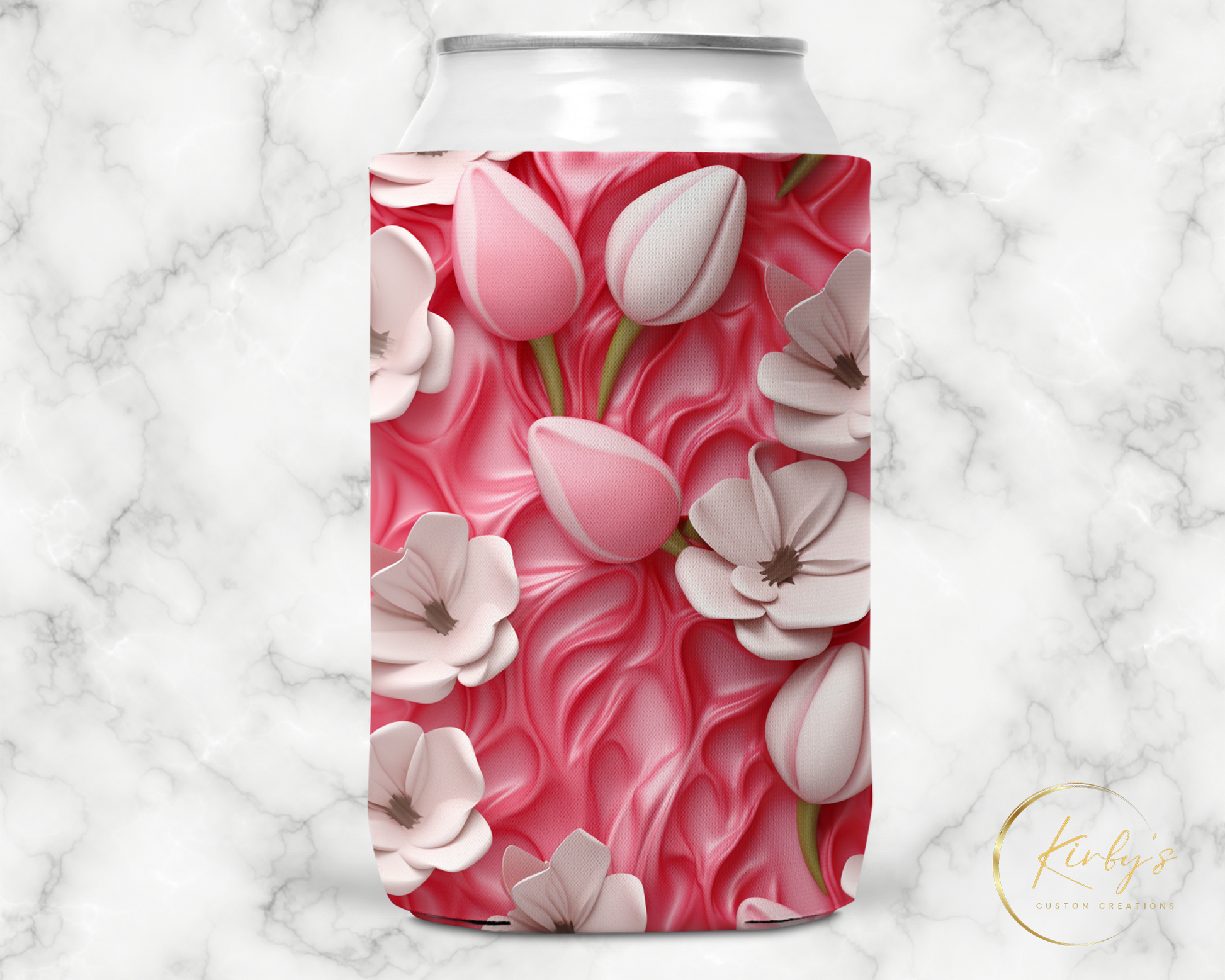 3D Floral Can Holder Pink White Flowers Standard Soft Koozie