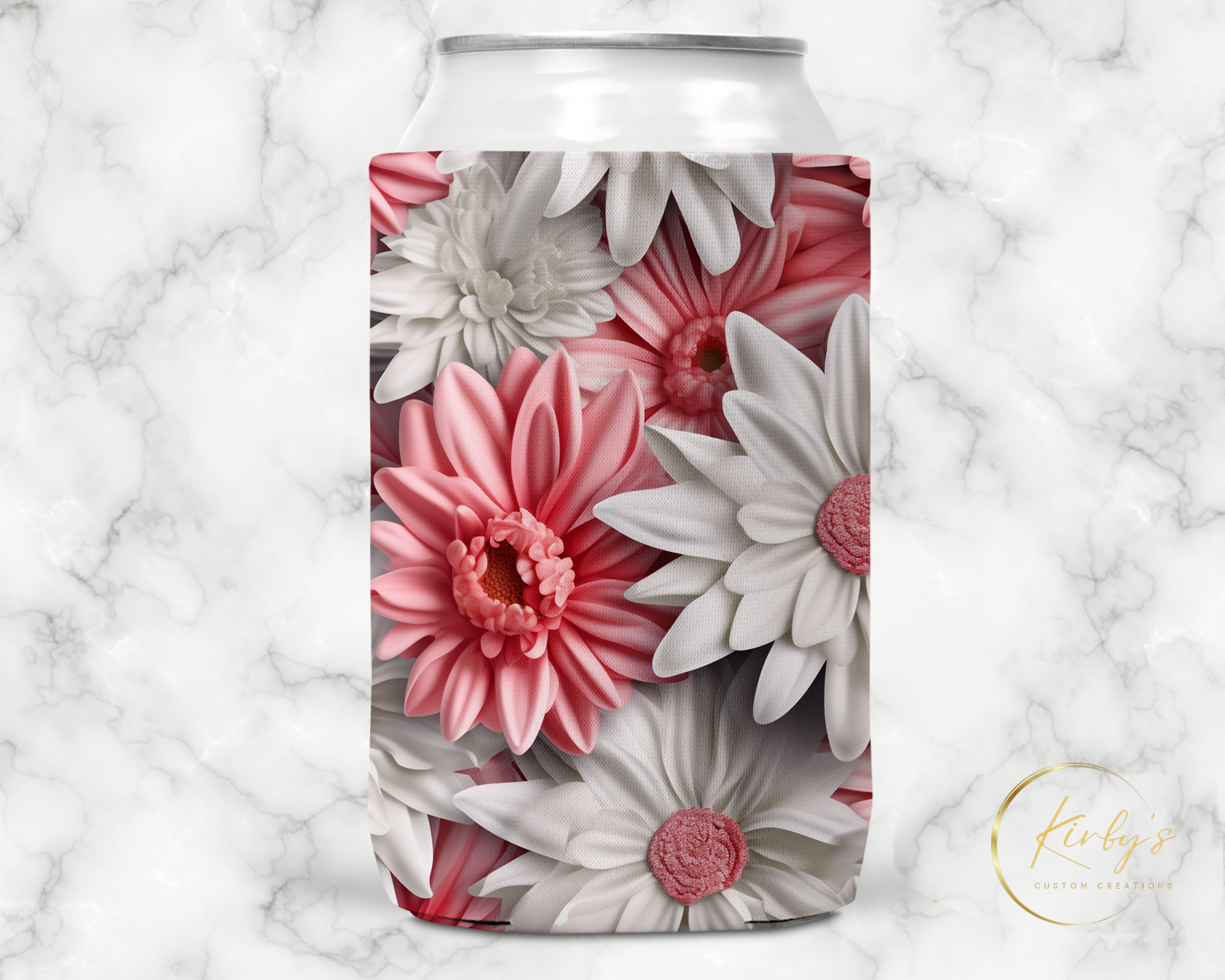 3D Floral Can Holder Pink White Flowers Standard Soft Koozie