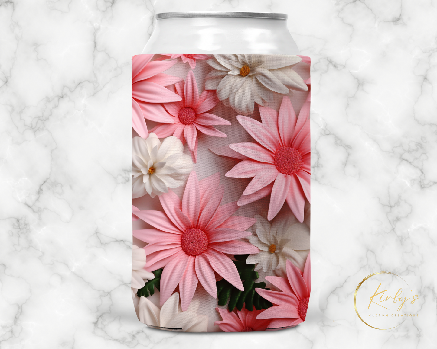 3D Floral Can Holder Pink White Flowers Standard Soft Koozie