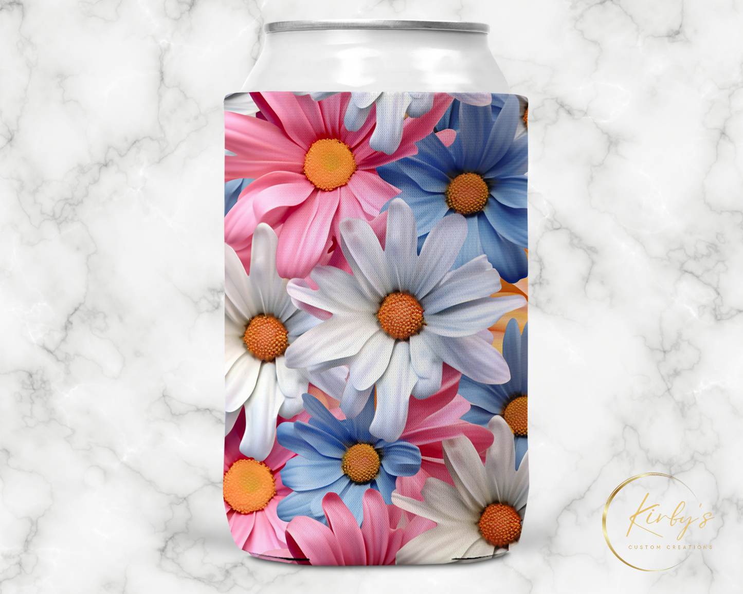 3D Floral Can Holder. Blue and Pink Flowers. Standard Soft Koozie