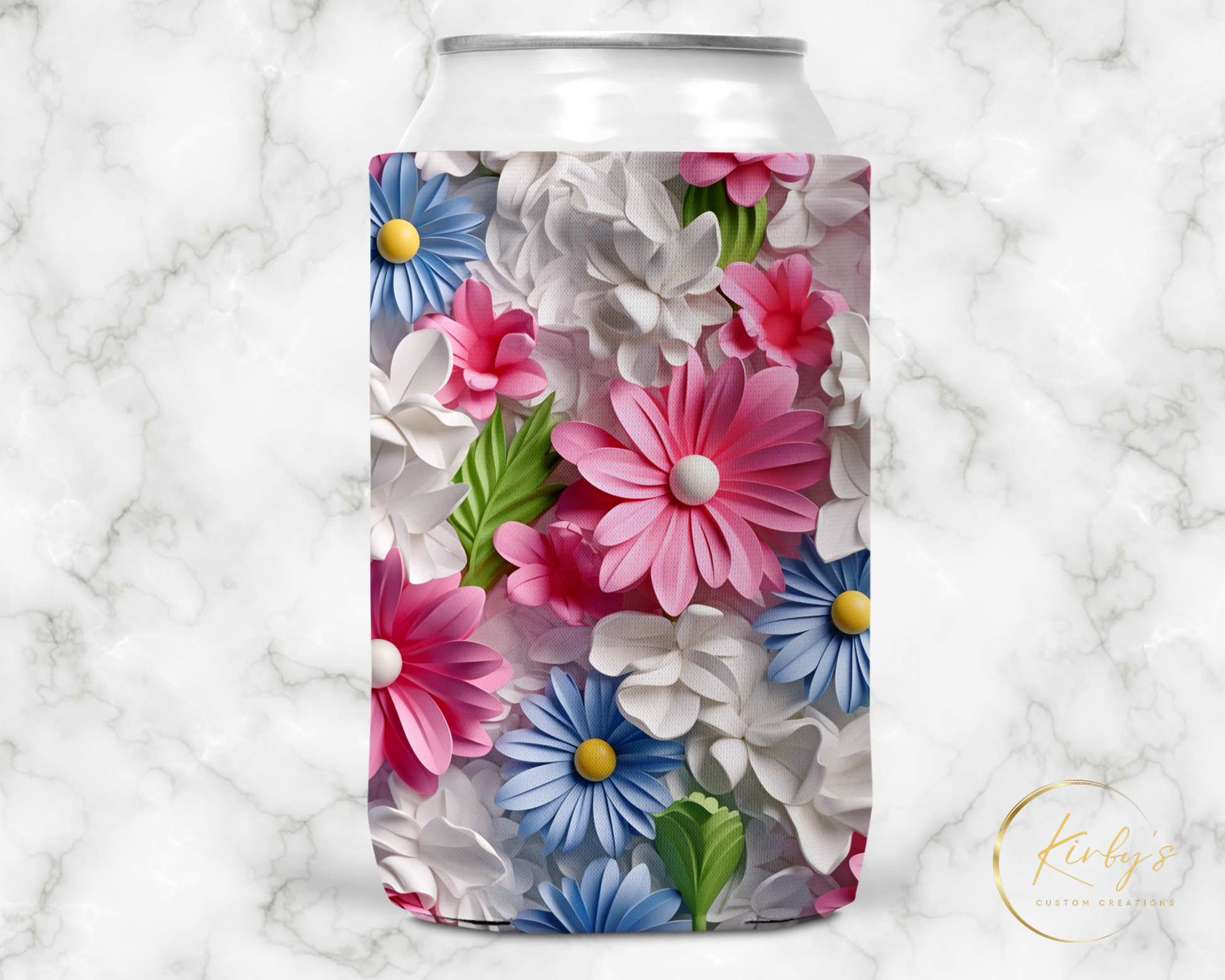 3D Floral Can Holder. Blue and Pink Flowers. Standard Soft Koozie