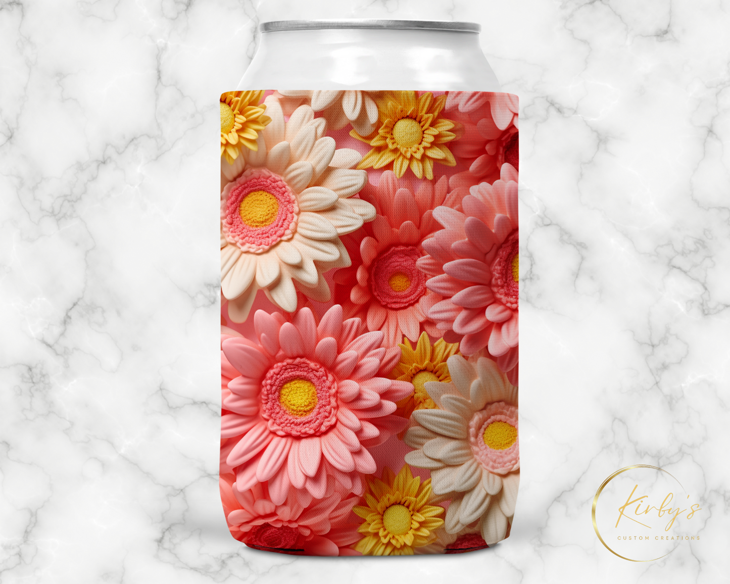 3D Floral Can Holder Pink White Yellow Flowers Standard Soft Koozie