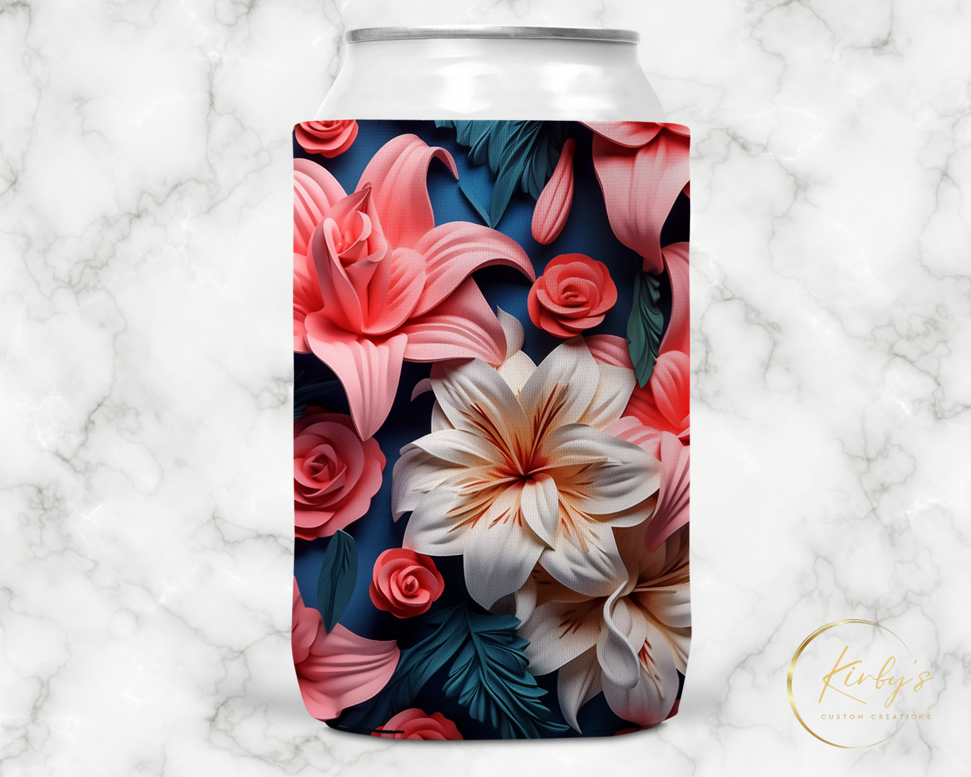 3D Floral Can Holder White Pink Flowers Standard Soft Koozie