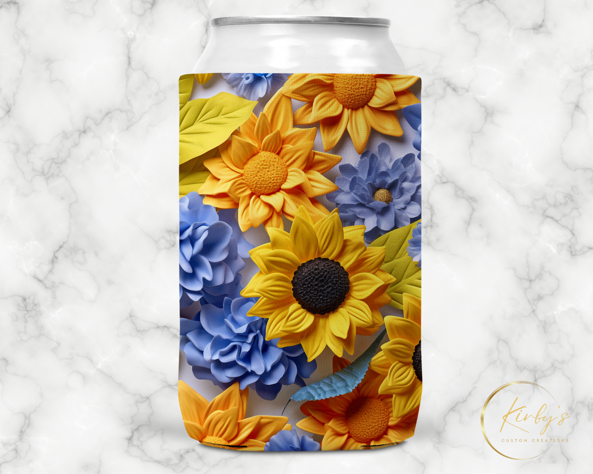 3D Floral Can Holder. Blue and Yellow Flowers. Standard Soft Koozie
