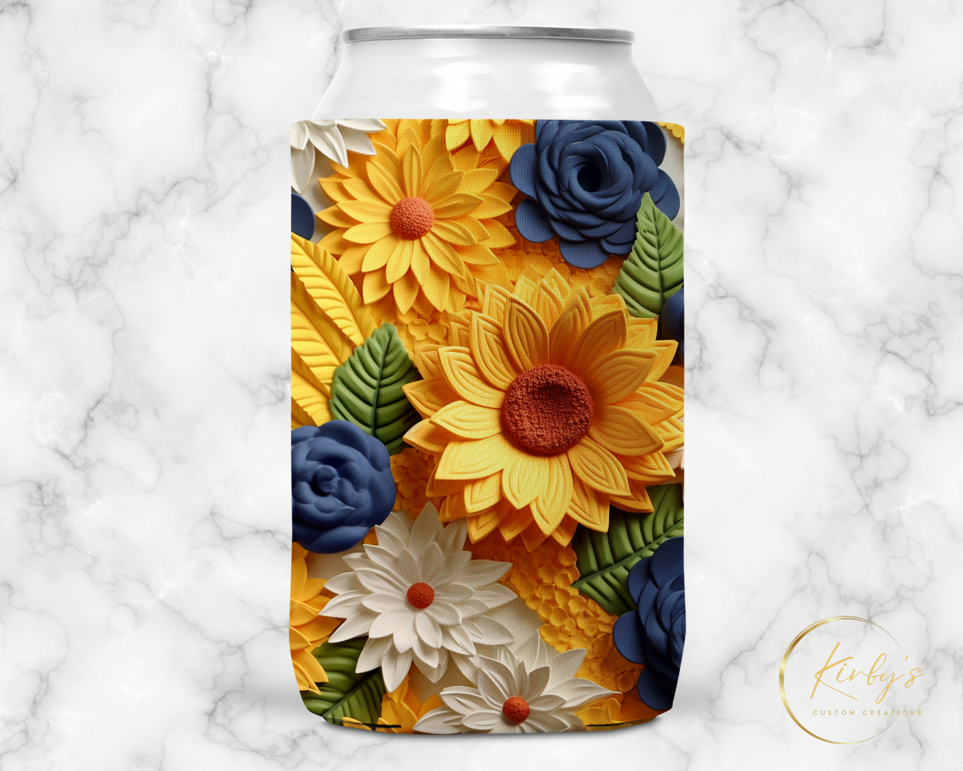 3D Floral Can Holder. Blue, White, and Yellow Flowers. Standard Soft Koozie
