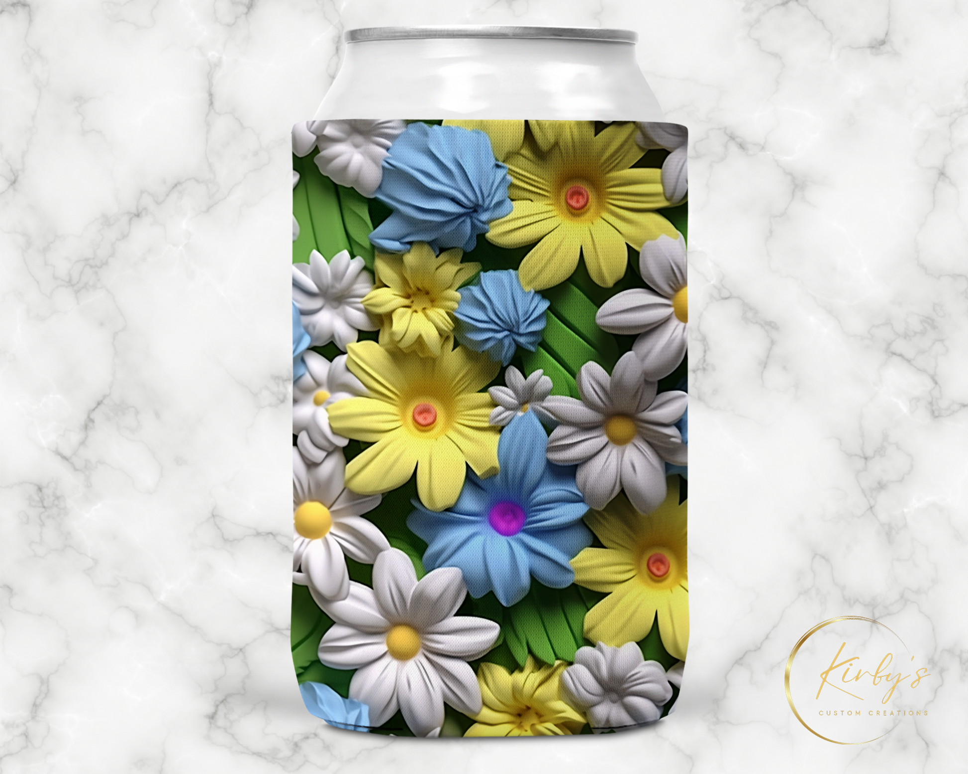 3D Floral Can Holder. Blue, White, and Yellow Flowers. Standard Soft Koozie