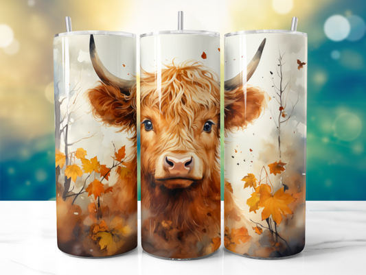Fall Setting Fluffy Highland Cow 20oz sublimated tumbler with straw & Lid