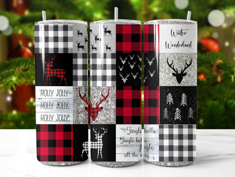 Plaid Black, Red, Checkered Reindeer Christmas Tree 20oz double wall insulated tumbler